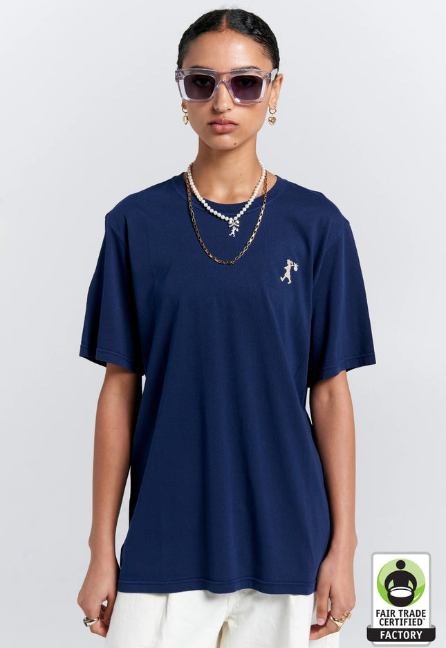 Karen Walker Embroidered Runaway Girl Classic Organic Cotton T-Shirt - Navy