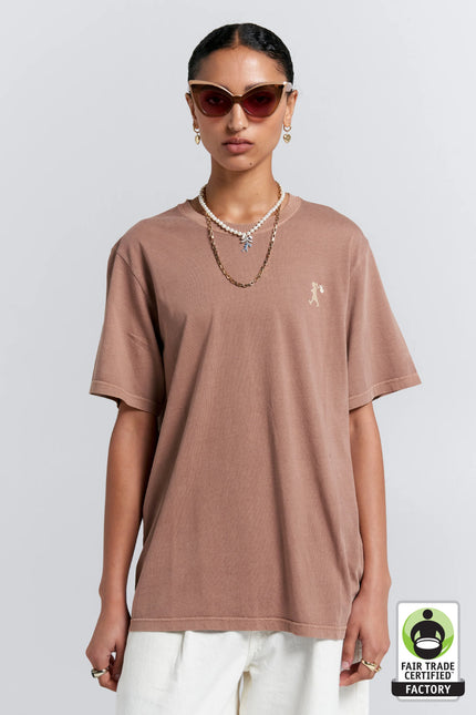 Karen Walker Embroidered Runaway Girl Classic Organic Cotton T-Shirt - Taupe