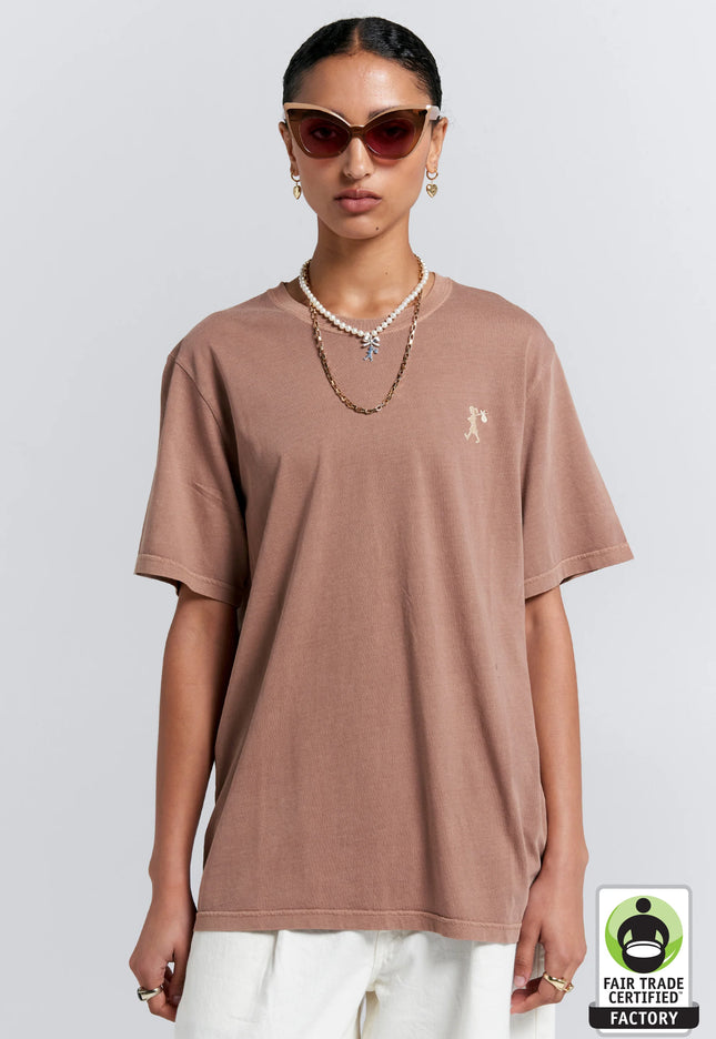 Karen Walker Embroidered Runaway Girl Classic Organic Cotton T-Shirt - Taupe
