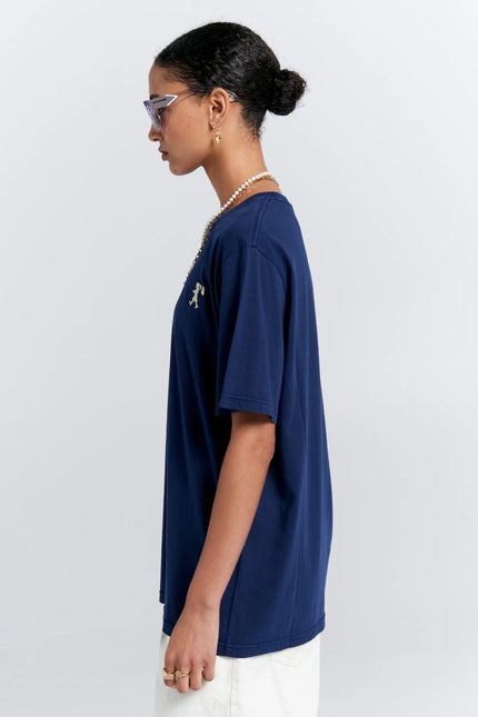Karen Walker Embroidered Runaway Girl Classic Organic Cotton T-Shirt - Navy