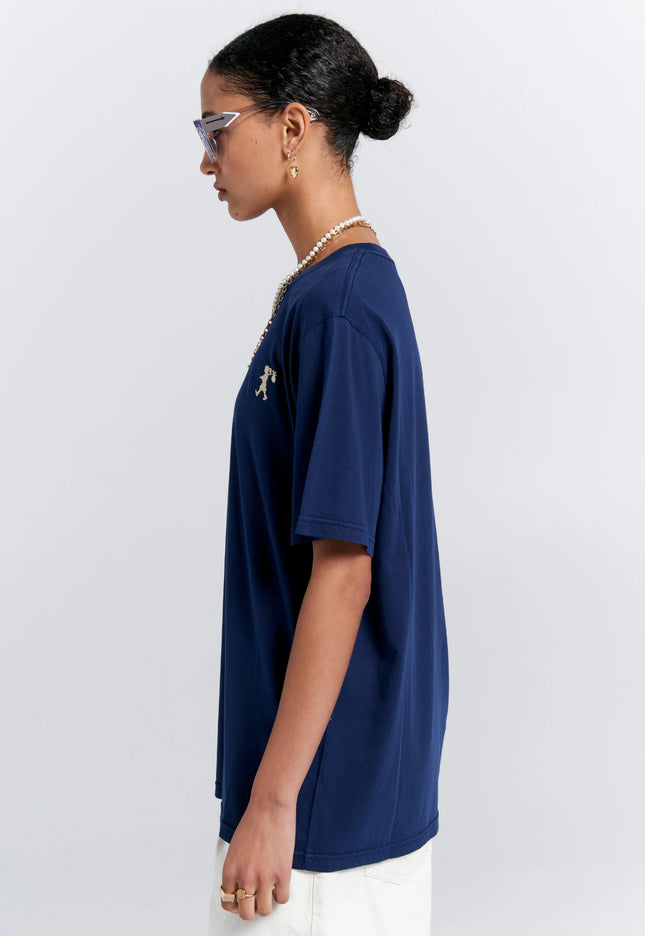 Karen Walker Embroidered Runaway Girl Classic Organic Cotton T-Shirt - Navy