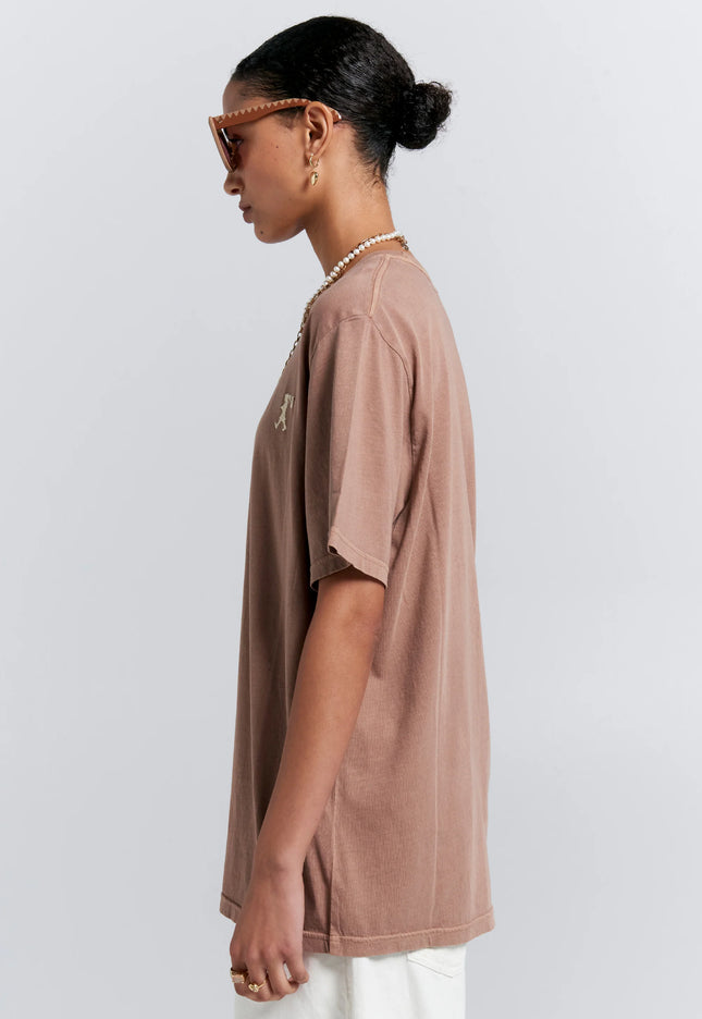 Karen Walker Embroidered Runaway Girl Classic Organic Cotton T-Shirt - Taupe
