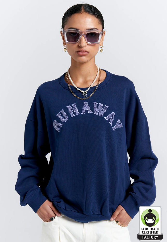 Karen Walker Runaway College Organic Cotton Crewneck Sweatshirt - Navy