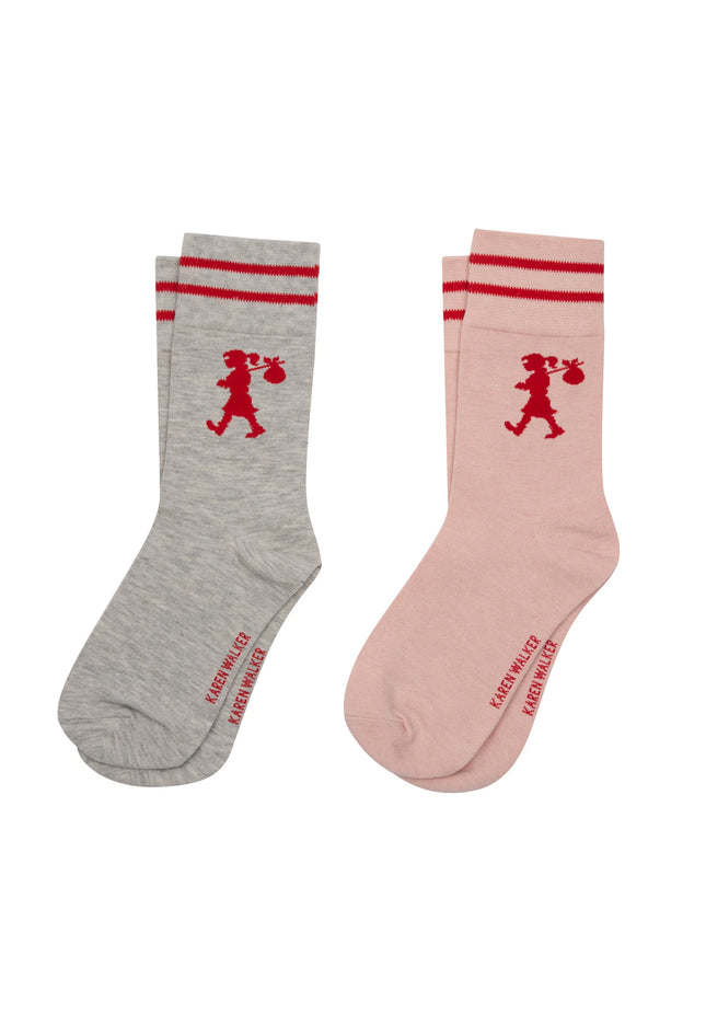 Karen Walker Runaway Girl Socks 2 Pack - Light Grey/Blush/Red