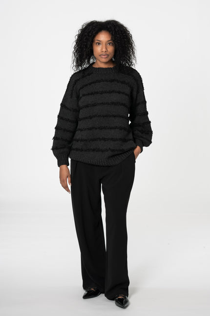 Dinadi - MERINO Handknit Striped Sweater - Onyx Grey