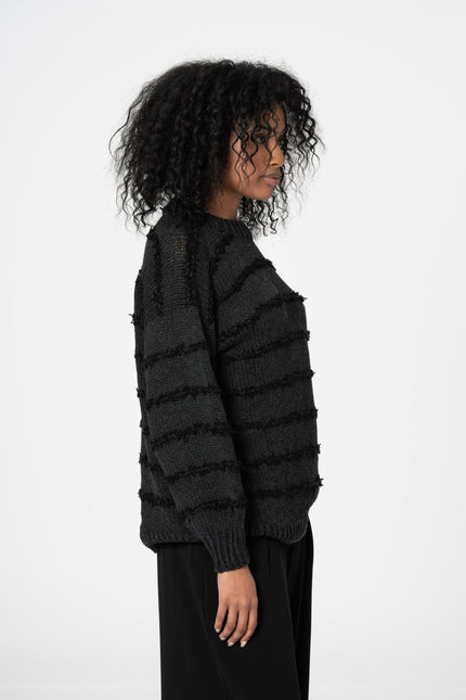 Dinadi - MERINO Handknit Striped Sweater - Onyx Grey