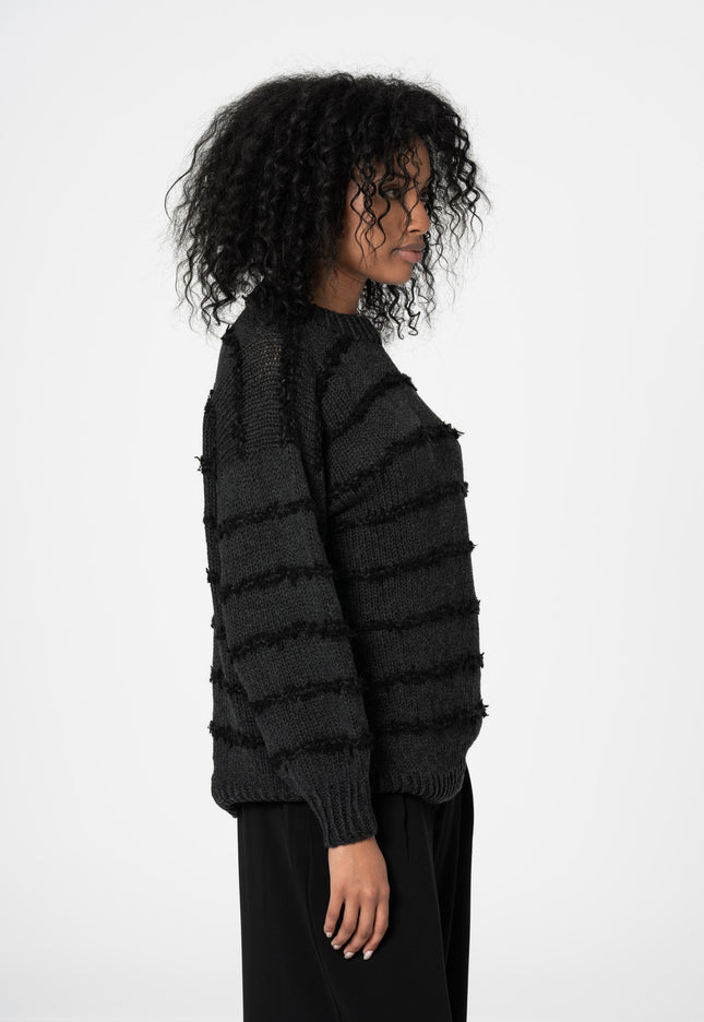 Dinadi - MERINO Handknit Striped Sweater - Onyx Grey