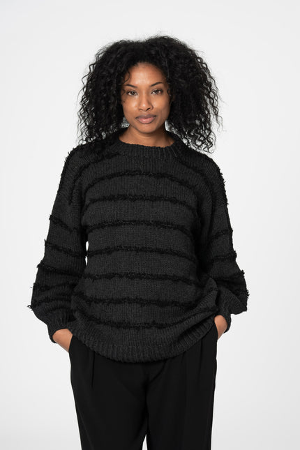Dinadi - MERINO Handknit Striped Sweater - Onyx Grey
