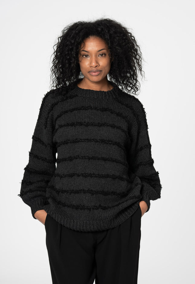 Dinadi - MERINO Handknit Striped Sweater - Onyx Grey
