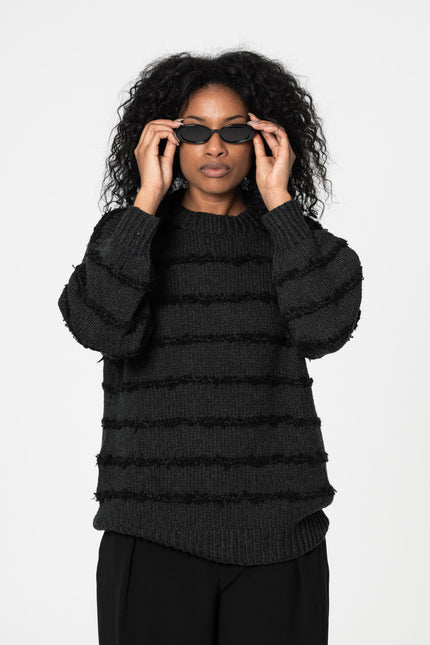 Dinadi - MERINO Handknit Striped Sweater - Onyx Grey