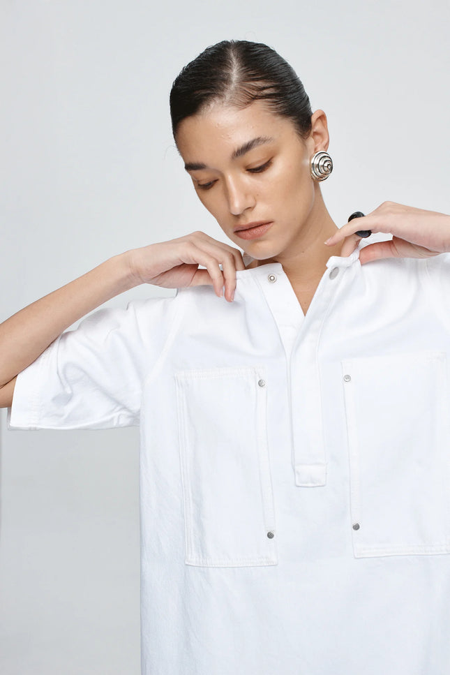 Marle Patch Pocket Dress - Denim - Blanc