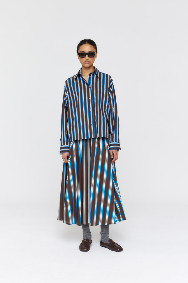 Ricochet Botic Shirt - Brown + Cobalt Narrow Stripe