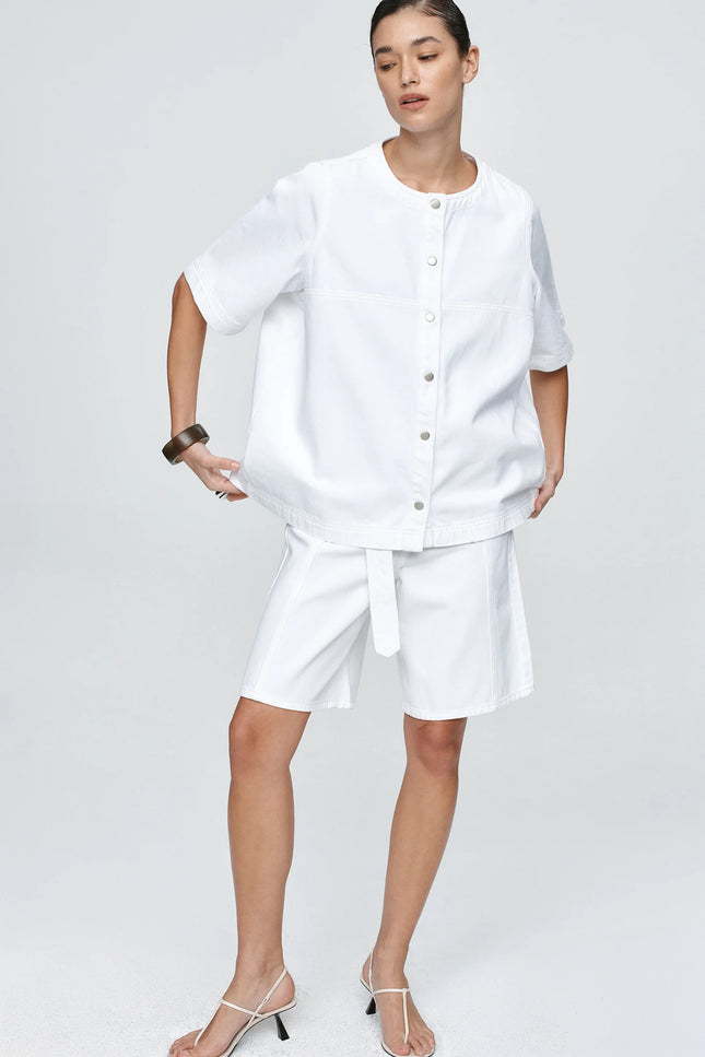 Marle Short Sleeve Seam Shirt - Denim - Blanc