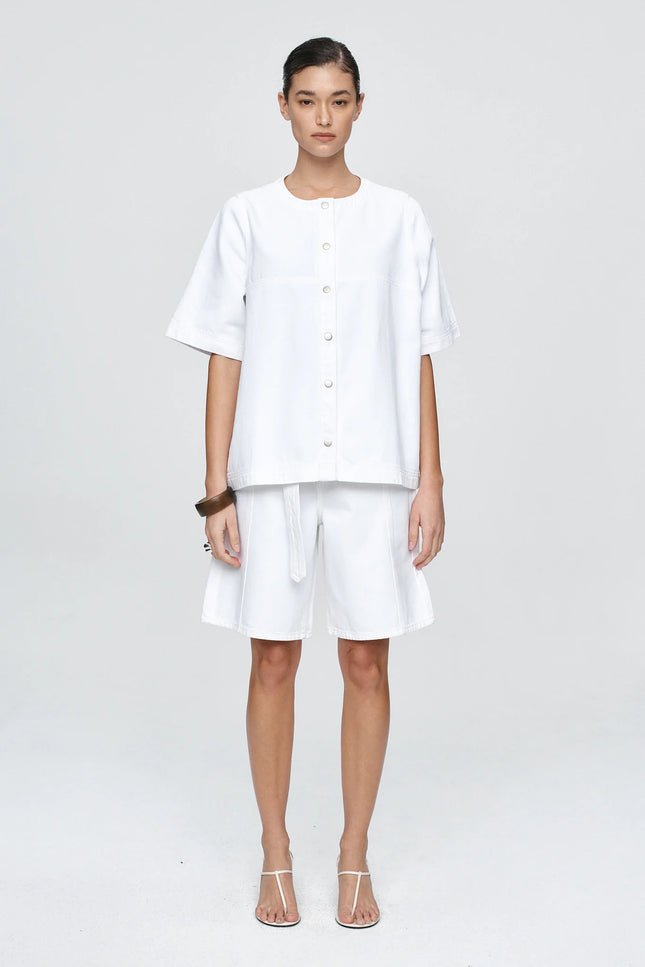 Marle Short Sleeve Seam Shirt - Denim - Blanc