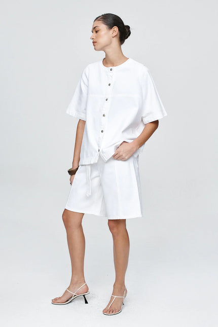 Marle Short Sleeve Seam Shirt - Denim - Blanc