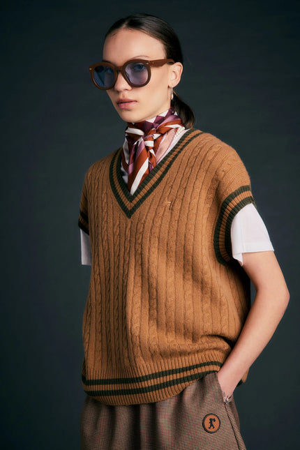 Karen Walker Varsity Knit Vest - Tan/Olive