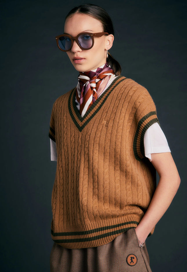 Karen Walker Varsity Knit Vest - Tan/Olive