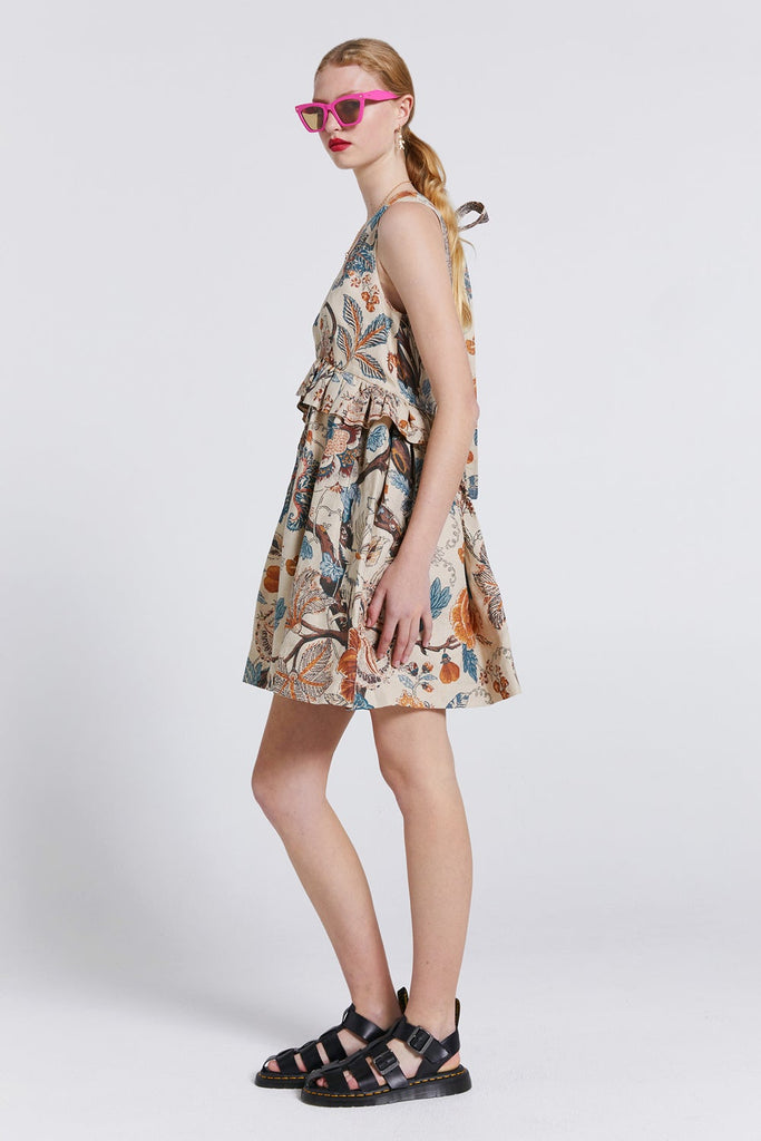 Karen Walker Mini Cordyline Dress - Edwardian Floral Linen - Sand Multi