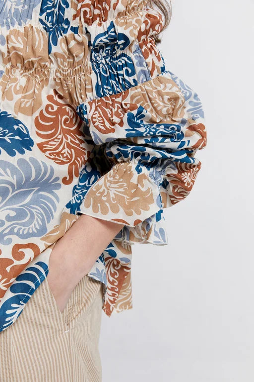 Karen Walker Prairie Shirred Blouse - Organic Cotton Tapestry Floral - Sand