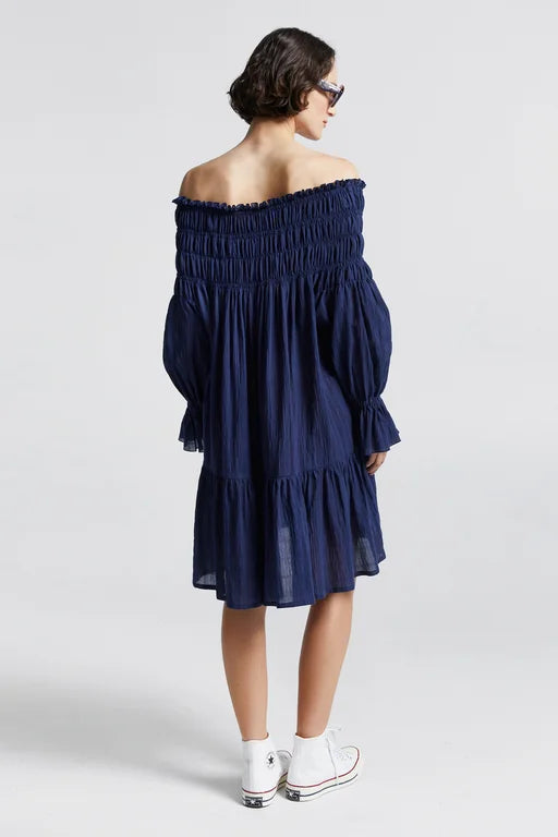 Karen Walker Prairie Shirred Dress- Organic Cotton - Navy