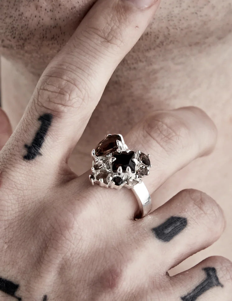 Stolen Girlfriends Club Crooked Heart Ring - Silver/ Cola Quartz
