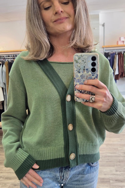 Tatano Contrast Cardi - Olive/Forest
