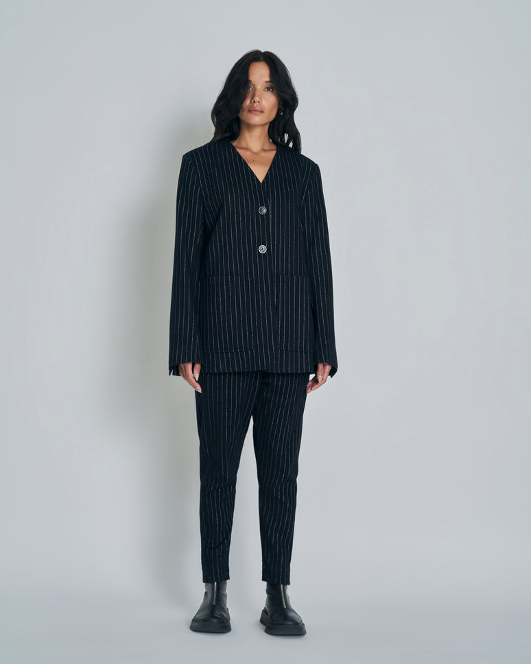 New Lands Stella Blazer - Black w Silver pinstripe