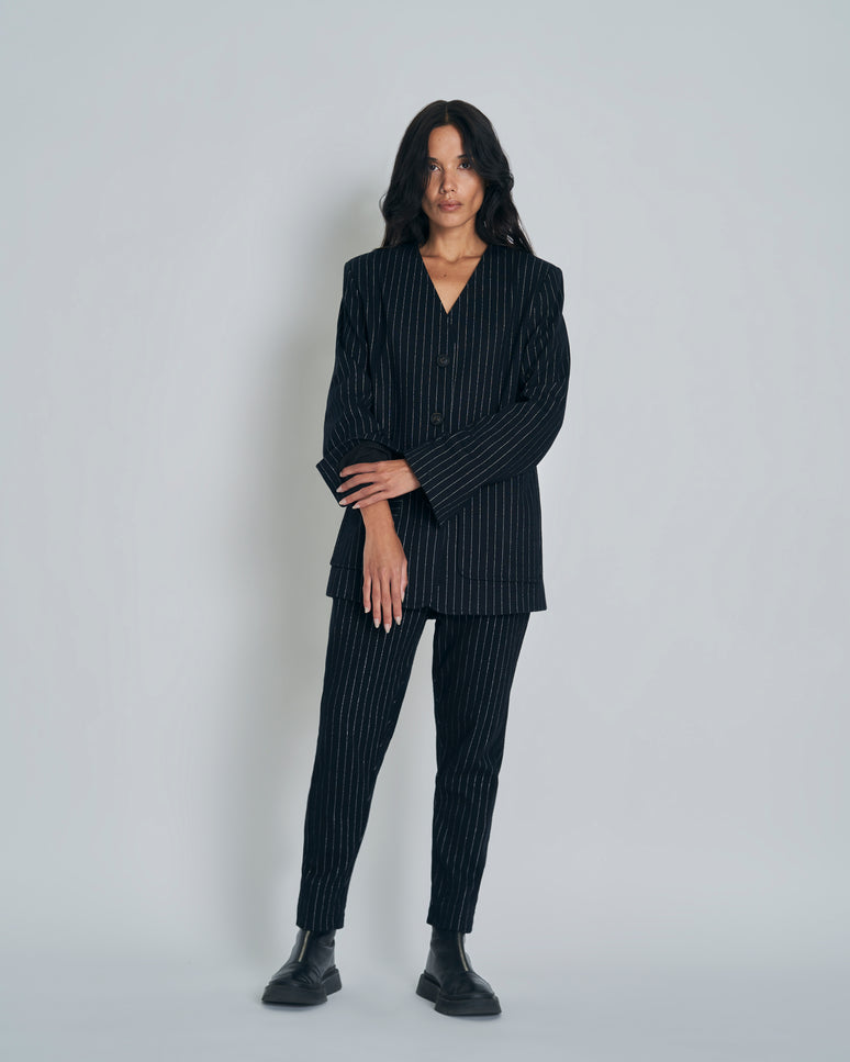 New Lands Stella Blazer - Black w Silver pinstripe