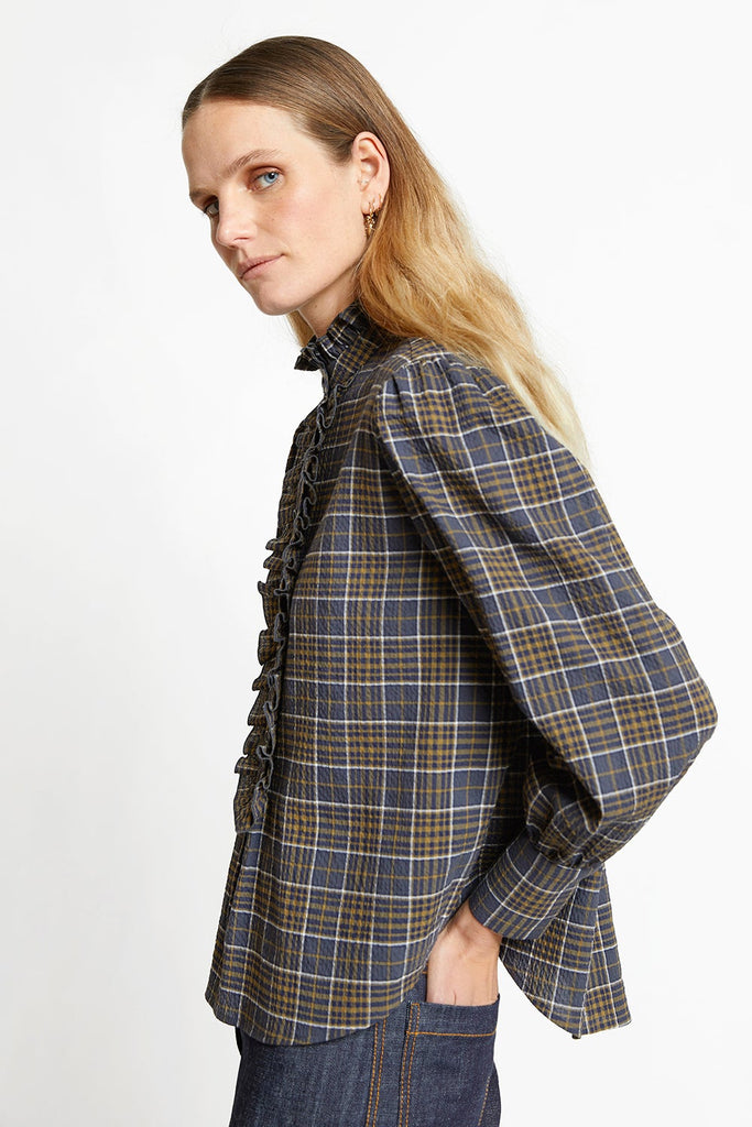 Karen Walker Organic Cotton Eleanor Shirt - Crinkled Check - Charcoal